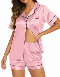 Ekouaer Schlafanzug Damen Kurz Zweiteiliger Pyjama Set Kurzarm Nachtwäsche Sleepwear Hausanzug Loungewear,Rosa,XXL von Ekouaer