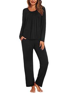 Ekouaer Schlafanzug Damen Lang Jumpsuit Winter Pyjama Langarm Hausanzug Hose Nachtwäsche Warm Loungewear, Schwarz, S von Ekouaer