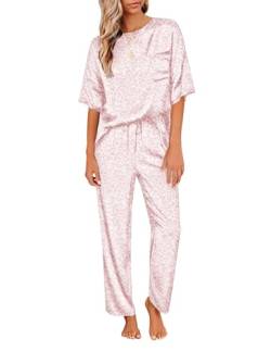 Ekouaer Schlafanzug Damen Lang Pyjama Kurzarm Hausanzug Lange Hose Nachtwäsche Satin Loungewear Rundhals mit Gummibund, Rosa-Leopard, XXL von Ekouaer