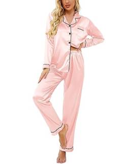 Ekouaer Schlafanzug Damen Lang Seide Pyjama Set Langarm Seiden Schlafanzug Sleepwear Hausanzug Loungewear,Rosa,XL von Ekouaer