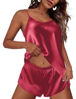 Ekouaer Schlafanzug Damen Sexy Pyjama Damen Kurz Satin Cami Top Ärmellos Nachtwäsche Damen HausanzugWeinrot,XL von Ekouaer