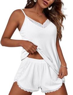 Ekouaer Schlafanzug Damen Sexy Pyjama Set Kurz Ärmellos Nachtwäsche mit Spaghettiträger Sleepwear Sommer Spitze, Weiß, XXL von Ekouaer