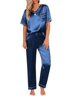 Ekouaer Schlafanzug Damen lang Zweiteiler Pyjama Satin Hausanzug Kurzarm Pyjama Set mit Taschen Nachtwäsche Lang Hose Navyblau L von Ekouaer