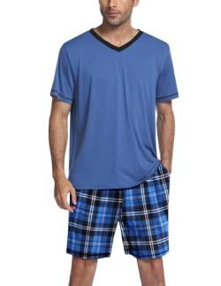 Ekouaer Schlafanzug Herren Kurz V-Ausschnitt Nightwear Set Pyjamaset Sommer Schlafanzüge für Herren Blau Karos M von Ekouaer