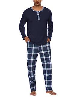 Ekouaer Schlafanzug Herren Lang Herren Pyjama Set 2er Pack Regular Fit Herren Schlafanzug Lang Herren Schlafanzug Zweiteiliger Nachtwäsche Langarm Shirt und Loungehose mit Taschen Dunkelblau XXL von Ekouaer