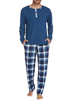 Ekouaer Schlafanzug Herren Lang Pyjama Set Herren Winter Nachtwäsche Set Langarm Shirt und Pyjamahose Zweiteilig mit Tasche Marineblau L von Ekouaer
