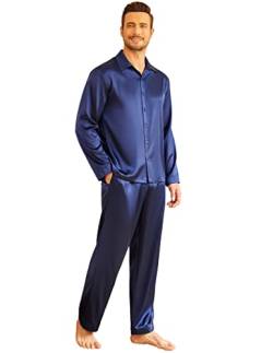 Ekouaer Schlafanzug Herren Langarm Pyjama Satin Pyjamas Set Männer Zweiteiliger Nachtwäsche Hausanzug Navyblau S von Ekouaer