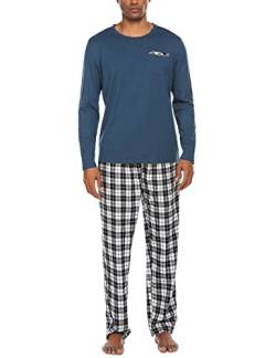 Ekouaer Schlafanzug Herren lang mit Bündchen aus Baumwolle Zweiteiliger Pyjama Herren lang, Langarm Shirt & Schlafanzughose Blau XXL von Ekouaer