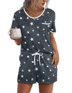 Ekouaer Schlafanzug Kurz Damen Pyjama 2-teiliges Loungewear Set Oberteile und Shorts weiche Nachtwäsche Brusttasche, Dunkelgrau, XL von Ekouaer