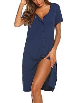 Ekouaer Schlafshirt Damen Sommer Nachthemd Kurzarm Sleepshirt Nachtwäsche Knopfleiste Navyblau XXL von Ekouaer