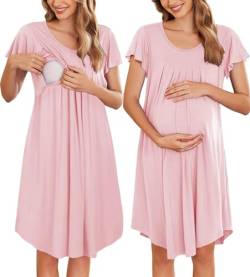 Ekouaer Schwangerschaft Kleidung Stillpyjama Nachthemden Umstandsmode Lang für die Geburt Krankenhaus Stillen DREI-in-eins-Geburt/Stillen/Pflege, Rosa, M von Ekouaer