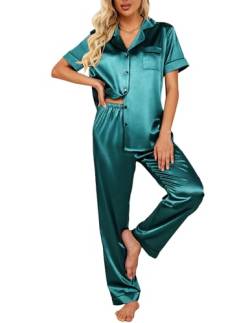 Ekouaer Seide Pyjama Set Langarm Schlafanzug Damen mit Knopf Seide Zweiteiliger Pjs Sets Hausanzug,Blau Grün,S von Ekouaer