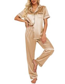 Ekouaer Seide Pyjama Set Langarm Schlafanzug Damen mit Knopf Seide Zweiteiliger Pjs Sets Hausanzug,Champagner,L von Ekouaer