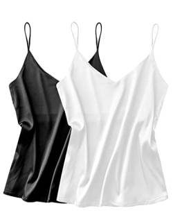 Ekouaer Seide Unterhemd Damen Satin Cami Tank Top Basic Shirt V-Ausschnitt Ämellose Blusen Seidentop Oberteile Weiß+Schwarz S von Ekouaer