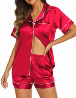 Ekouaer Seiden-Pyjama für Damen, kurzärmelig, Nachtwäsche, weiches Satin, Knopfleiste, Loungewear, 2-teiliges Pyjama-Shorts-Set, S-XXL, Rot/Ausflug, einfarbig (Getaway Solids), S von Ekouaer