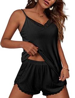 Ekouaer Sexy Schlafanzug Damen Pyjama Kurz Negligee mit Spaghettiträger Nachtwäsche Ärmellos Dessous Leict Kurzhose, Schwarz, L von Ekouaer