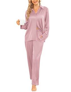 Ekouaer Sexy Schlafanzug Frauen Nachtwäsche Lang Satin Pyjama Set Sleepwear Hose und Tops Rosa XXL von Ekouaer