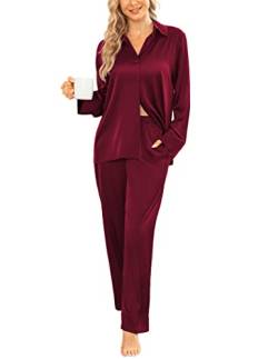 Ekouaer Sexy Schlafanzug Frauen Nachtwäsche Lang Satin Pyjama Set Sleepwear Hose und Tops Weinrot XXL von Ekouaer