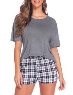 Ekouaer Shorty Damen Schlafanzug Damen Pyjama Set Kurz mit Tie Dye Freizeitanzug kurzärmeliges Oberteil und Shorts 2-teiliges Pyjama-Set, Grau, M von Ekouaer