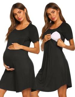 Ekouaer Stillkleid 3 in 1 Lieferung/Arbeit/Krankenpflege Nachthemd Frauen Mutterschaft Krankenhaus Kleid Reißverschluss Stillen Nachtwäsche, A_black, Small von Ekouaer