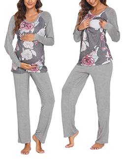 Ekouaer Stillpyjama Damen Langarm Umstands Schlafanzug Warm für Winter Zweiteilige Nachtwäsche für Schwangerschaft Stillzeit Grau Floral S von Ekouaer