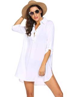 Ekouaer Strandkleid Damen Bikini Cover Up Tunika Bluse Lang Shirt Strandponcho Sommer Cuffed Sleeve Shirts Longbluse Tops, Weiß, S von Ekouaer