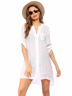 Ekouaer Strandkleid Damen Hemdkleid Bikini Cover Up Tunika Bluse Lang Strandkleid Damen Shirt Strandponcho Sommer Cuffed Sleeve Shirts Tops Weiß S von Ekouaer