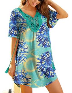 Ekouaer Strandkleider Damen Sommer Strandtunika Spitze Strandponcho V Ausschnitt Kurz Swimwear Cover Up Blau Tie Dye L von Ekouaer