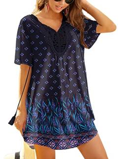 Ekouaer Strandkleider Damen Sommer Strandtunika Spitze Strandponcho V Ausschnitt Kurz Swimwear Cover Up Schwarz-Boho L von Ekouaer