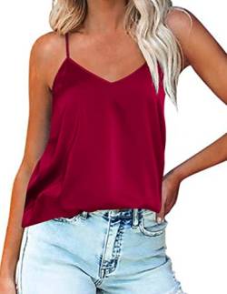 Ekouaer Tank Top Damen Valentinstagsgeschenk Tops Sommer Silk Satin Cami V-Ausschnitt Ärmellose Camisole Casual Tank Bluse Shirt Tiefrot XXL von Ekouaer