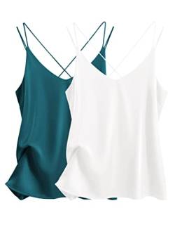 Ekouaer Trägertop Damen Top Elegant Röcke Damen Sommer Blusentop Satin Unterhemden 2 Pieces Zweiteiler Sexy, Weiß+Pfaublau, M von Ekouaer