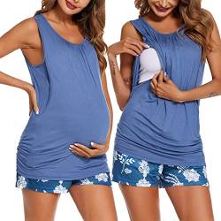 Ekouaer Umstandsschlafanzug Damen Zweiteiliger Umstandspyjama Sommer Umstandspyjama Nachtwäsche Stillzeit Blumen blau S von Ekouaer