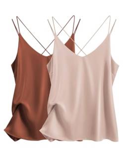 Ekouaer Unterhemden Damen Satin Spaghettiträger Basic Top Ärmellos Blusentop Dessous Elegant Tank Top V-Ausschnitt 2pcs, Karamell+Champagner, XXL von Ekouaer