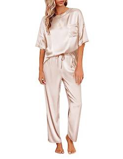 Ekouaer Zweiteiler Damen Schlafanzug Satin Pyjama lang Nachtwäsche Lang Hose Hausanzug Kurzarm Pyjama Set Rundhals Sommer, Champagner, M von Ekouaer