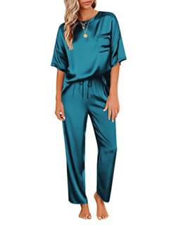 Ekouaer Zweiteiler Damen Schlafanzug Satin Pyjama lang Nachtwäsche Lang Hose Hausanzug Kurzarm Pyjama Set Rundhals Sommer, Pfaublau, M von Ekouaer