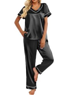 Ekouaer Zweiteiler Damen Schlafanzug Satin Pyjama lang Nachtwäsche Lang Hose Lounge Set Hausanzug Kurzarm Pyjama Set Rundhals Sommer Schwarz M von Ekouaer