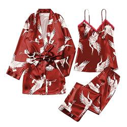 Damen Pyjama-Set Damen Nachtwäsche Satin Seide Pyjama Spitze Floral Nachthemd 3-teilig Bademantel Nachthemd Nachtwäsche Gr. 48, wein von Ekrfxh