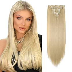 Elailite Clip In Extensions, 140g Haarverlängerung Haarteil glatt 8 Tressen mit 18 Clips, 66cm für komplette Haarverlängerung - Gebleichtes Blond von Elailite