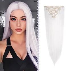 Elailite Clip in Extensions, Silber Weiss - Haarverlängerung Haarteil glatt günstig, 8 Tressen Hair Extensions Clip, 58cm 140g für Voller Kopf von Elailite