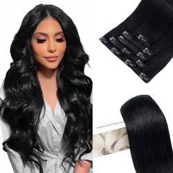 Elailite Clip in Extensions Echthaar, 5 Pcs Remy Haarverlängerung mit 12 Clips, 35cm-60g Glattes Haarteile Natürlich Haarextension für Frauen Damen #1 Schwarz von Elailite