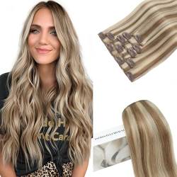 Elailite Clip in Extensions Echthaar, 5 Pcs Remy Haarverlängerung mit 12 Clips, 35cm-60g Glattes Haarteile Natürlich Haarextension für Frauen Damen #12P613 Goldbraun mix Hellblond von Elailite