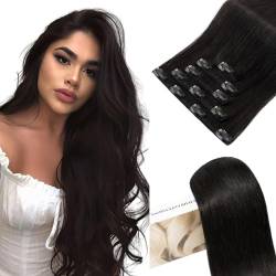 Elailite Clip in Extensions Echthaar, 5 Pcs Remy Haarverlängerung mit 12 Clips, 45cm-70g Glattes Haarteile Natürlich Haarextension für Frauen Damen #1B Naturschwarz von Elailite