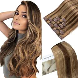 Elailite Clip in Extensions Echthaar, 5 Pcs Remy Haarverlängerung mit 12 Clips, 45cm-70g Glattes Haarteile Natürlich Haarextension für Frauen Damen #4P27 Mittelbraun mix Dunkelblond von Elailite