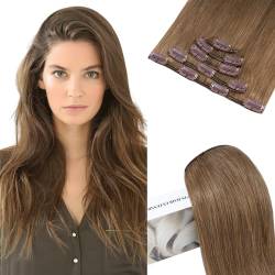 Elailite Clip in Extensions Echthaar, 5 Pcs Remy Haarverlängerung mit 12 Clips, 55cm-75g Glattes Haarteile Natürlich Haarextension für Frauen Damen #6 Hellbraun von Elailite