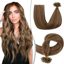 Elailite Extensions Bondings Echthaar 200 Strähne 40cm #4P27 Mittelbraun/Honigblond, U Tip Hair Extensions Keratin 100g von Elailite