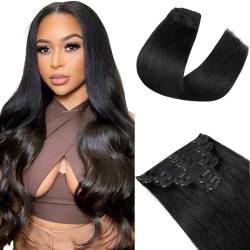 Elailite Extensions Echthaar Clip in 8 Tressen Voller Kopf #1 Schwarz Haarverlängerung Real Human Haar 25cm-110g von Elailite