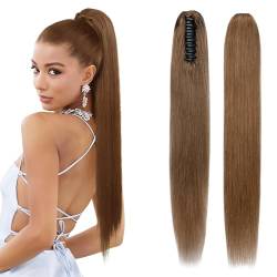 Elailite Pferdeschwanz Extensions Echthaar Haarverlängerung Haarteile 55cm 120g Ponytail mit Klammer Remy Glatt Zopf Human Hair 22 Zoll #06 Hellbraun von Elailite