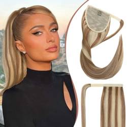 Elailite Ponytail Extension Echthaar #12P613 Goldbraun mix Bleichblond, Haarverlängerung Zopf Haarzopf Pferdeschwanz Haarteil glatt Natürlich Haarextension 40cm 80g von Elailite