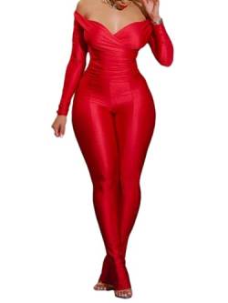 Elainone 2-teiliges Damen-Outfit, V-Ausschnitt, schulterfrei, figurbetont, ausgestellte Hose, Club-Outfit, Trainingsanzug, Rot/Ausflug, einfarbig (Getaway Solids), Large von Elainone