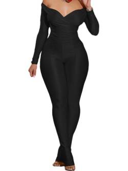 Elainone 2-teiliges Damen-Outfit, V-Ausschnitt, schulterfrei, figurbetont, ausgestellte Hose, Club-Outfit, Trainingsanzug, Schwarz, Large von Elainone